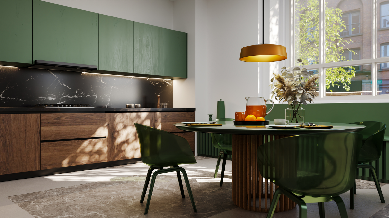 High-end kitchen with marble waterfall island and custom cabinetry